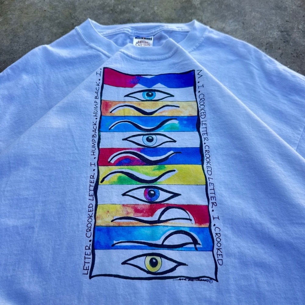 Vintage 90s Jerzees Art Tee Colorful Eye Graphic White Retro SEO XL (d9)
